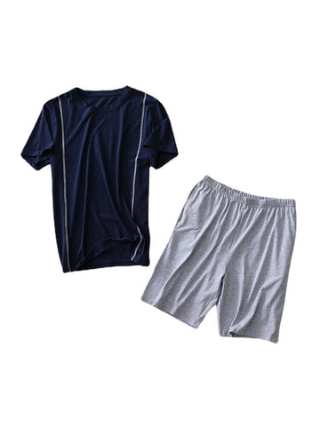 Men Solid Color Short Sleeve Crew Neck Blouse Pocket Shorts Home Sleepwear Two Pieces