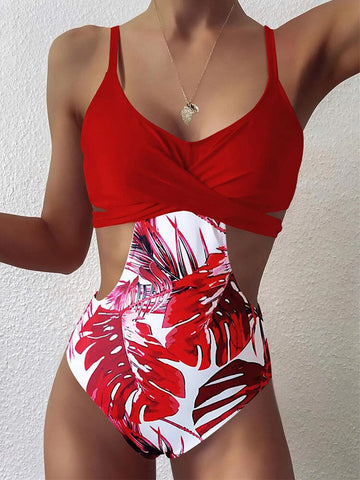 Tropical Plant Print Cross Cut Out Tie Back Hawaii Style One Piece Swimsuit For Women