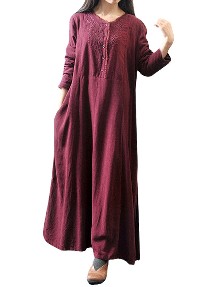 Women Long Sleeve Solid Color Embroidery Pattern Vintage Ankle Length Midi Dresses