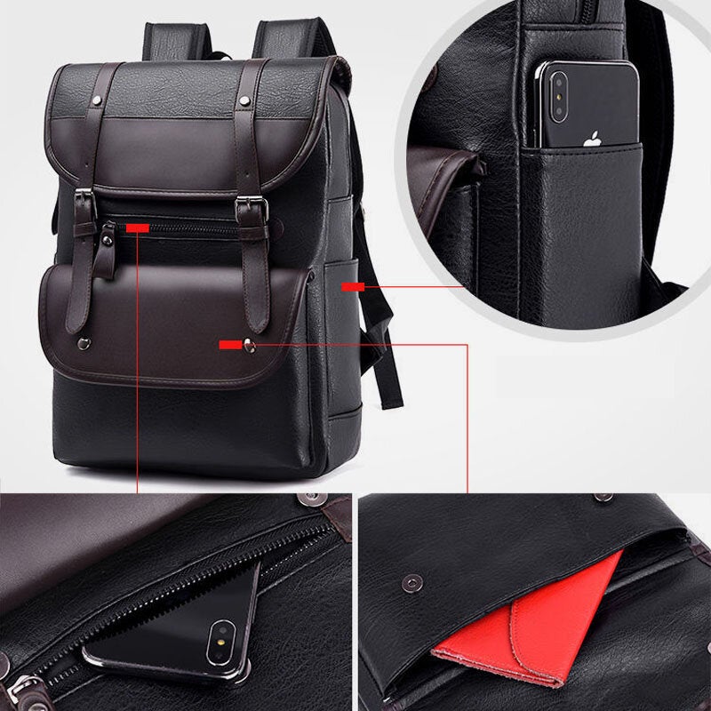 Men PU Leather Hasp Large Capacity Backpack Multi-pocket Waterproof 15.6 Inch Laptop Bag Fashion Wild Travel