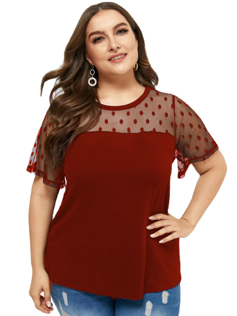 Plus Size Polka Dot Mesh Patchwork Short Sleeve Daily Casual T-shirt