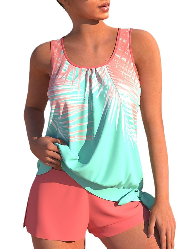 Women's Swimwear Tankini 2 Piece Normal Swimsuit 2 Piece Printing Leaf Green Bathing Suits Sports Beach Wear Summer