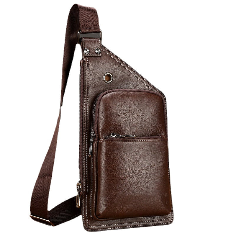 Men Retro PU Leather Headphone Hole Design Chest Bag Multi-pocket Waterproof Zipper Crossbody Shoulder