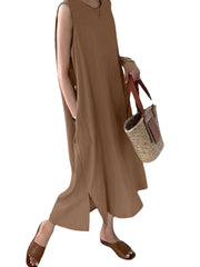 Leisure Solid Pocket Slit Hem Sleeveless Maxi Dress