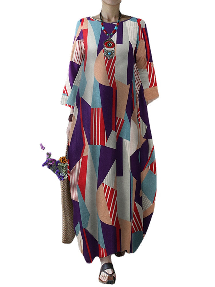 Long Sleeve O-neck Geometry Print Loose Cotton Baggy Maxi Dress