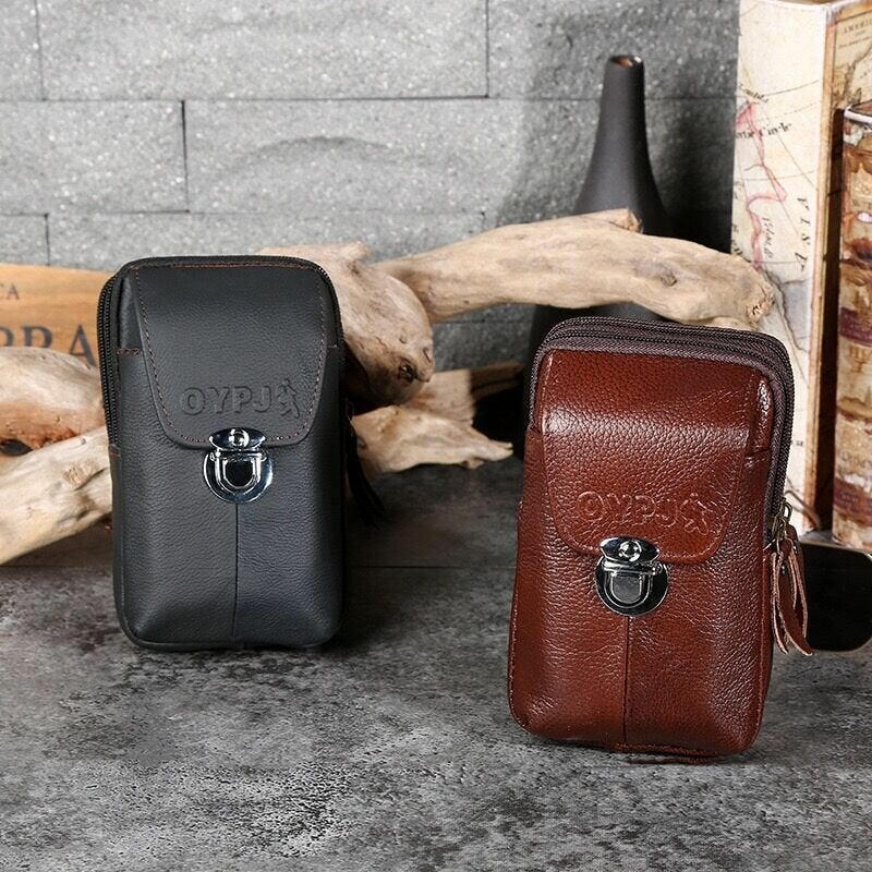 Men Genuine Leather Retro Business Waterproof 6.3 Inch Phone Bag Waist With Belt Loop