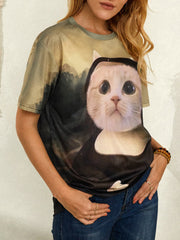 Women Funny Cat Print Round Neck Short Sleeve T-Shirts