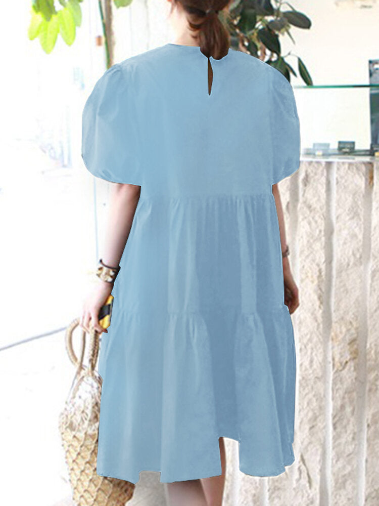 Women Solid Color Tiered Round Neck Stitching Casual Short Sleeve Midi Dresses