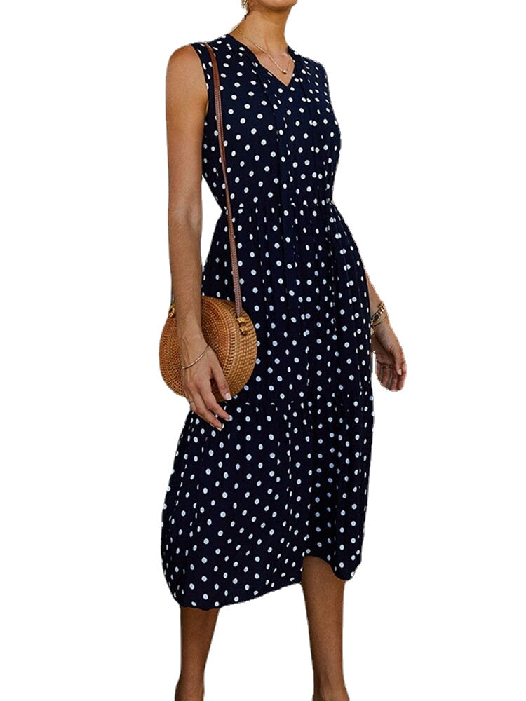 Polka Dot Print V-neck Sleeveless Knotted Pleated Dress For Women