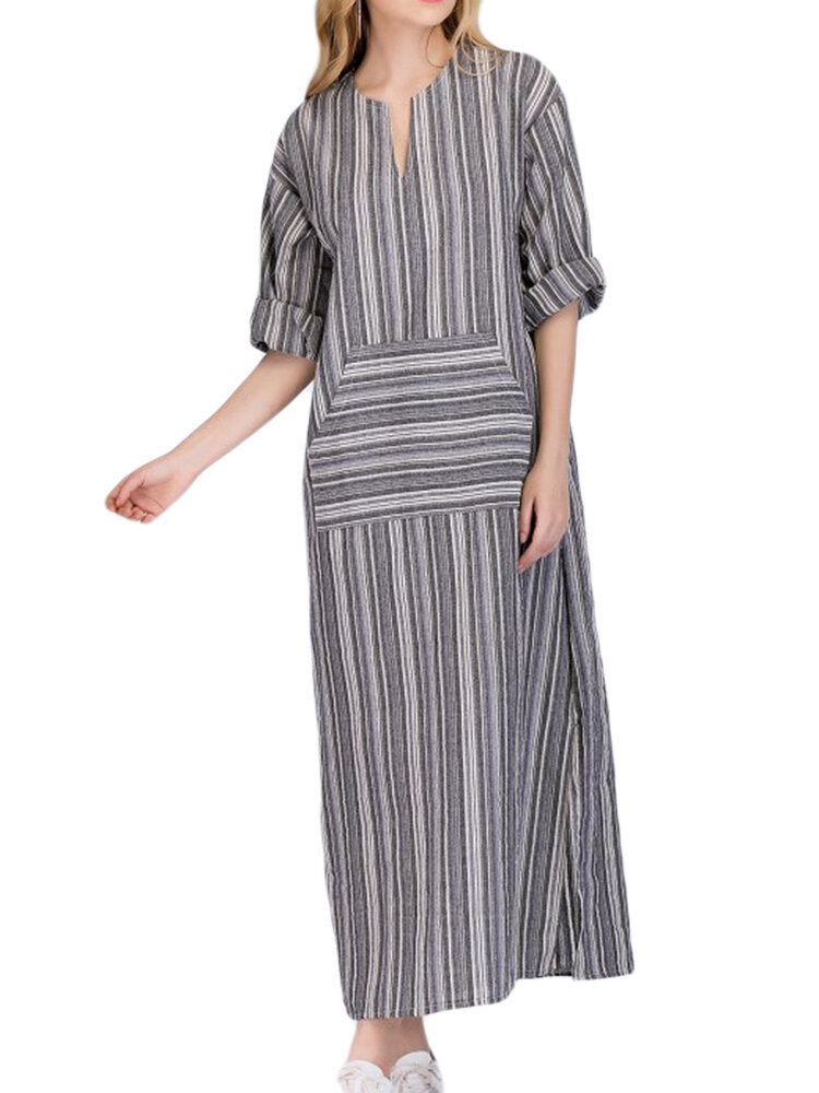 Women Casual Stripe V-neck Big Pocket Long Maxi Dress