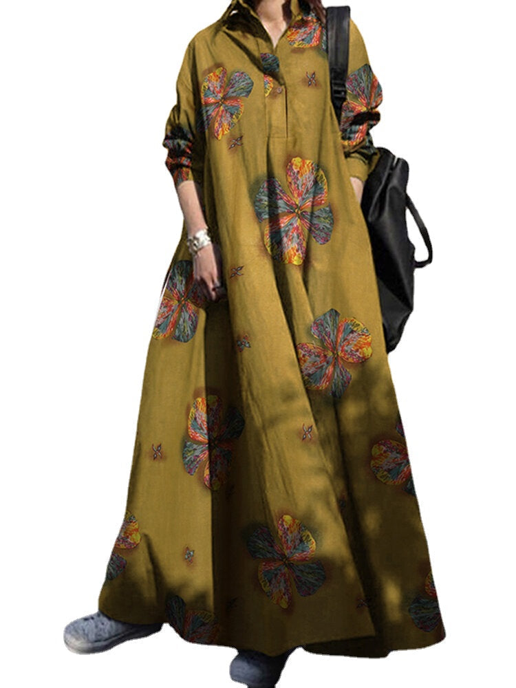 Women Retro Floral Print Lapel Bohemian Loose Long Sleeve Maxi Shirt Dress With Pocket