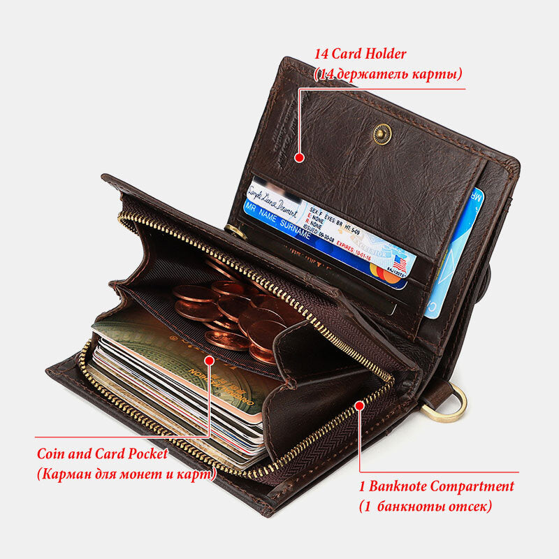 Men Genuine Leather RFID Anti-theft Zipper Multi-slot Card Holder Wallet With Chain