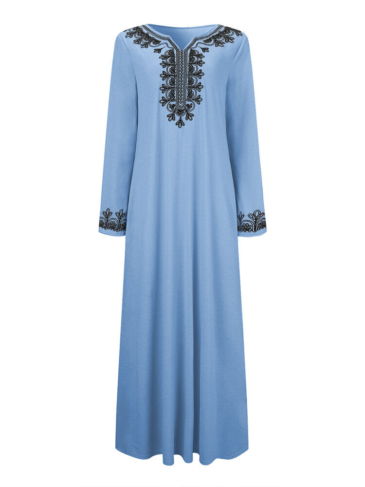 Women Vintage Embroidery Long Sleeve Maxi Dress with Side Pockets
