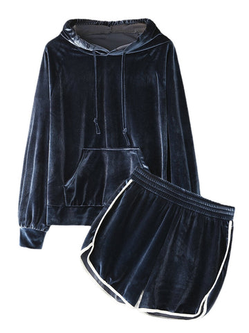 Women Plus Size Solid Velvet Kangaroo Pocket Hoodie Loose Shorts Home Casual Pajamas Set