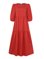 Women Solid Color Puff Sleeve Ruffles Hem Tiered Dress 3/4 Sleeve Bohemian Maxi Dress