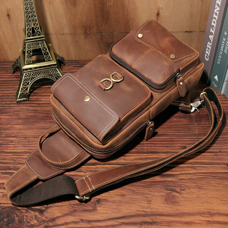 Men Genuine Leather Cowhide Retro Fashion Chest Bag Crossbody Sling