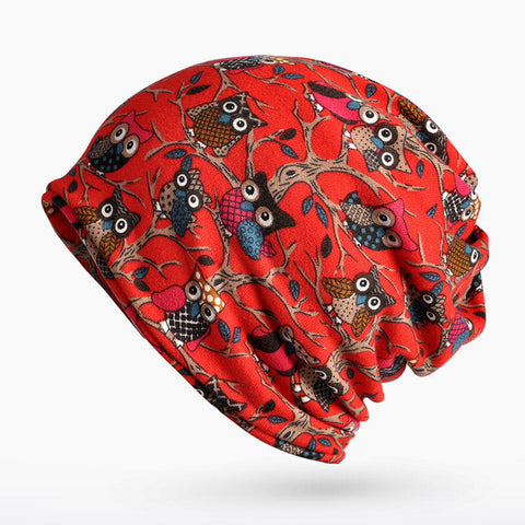 Womens Owl Pattern Slouchy Baggy Beanie Cap Scarf Multi-function Double Layers Windproof Warm Hat