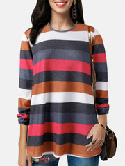 Women Colorful Horizontal Stripe Round Neck Casual Long Sleeve Blouses