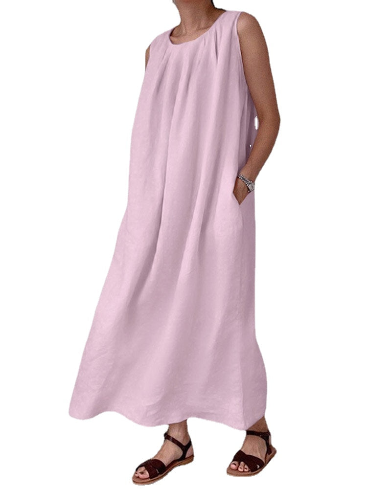 Solid Pocket Cotton Ruched Round Neck Sleeveless Maxi Dress