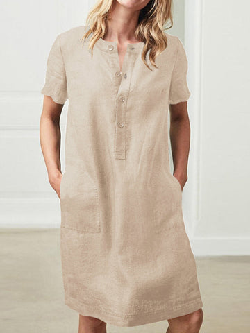 100% Cotton Women Loose Linen Round Neck Short Sleeve Button Dress with Pocket