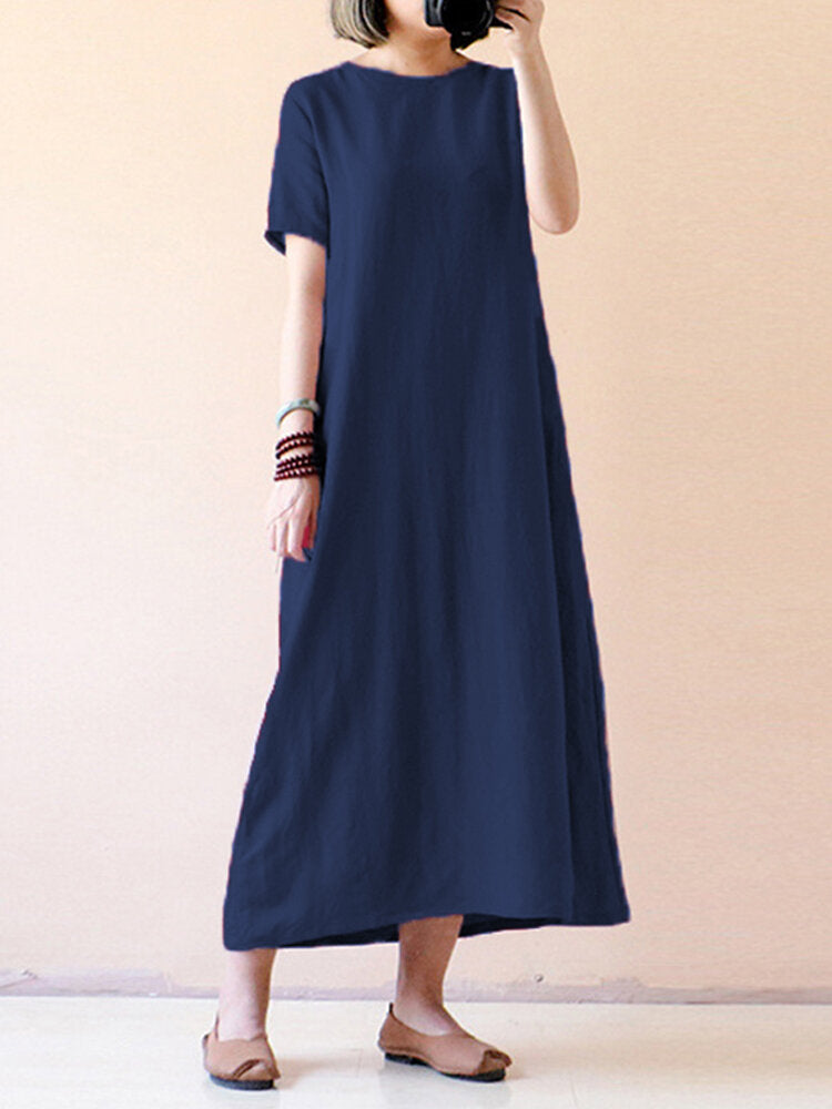 Celmia Women Vintage Short Sleeve Cotton Loose Maxi Dress