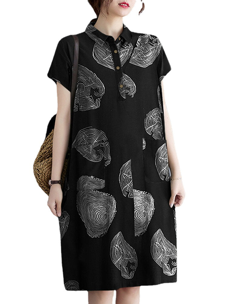 Print Button Pocket Lapel Short Sleeve Casual Midi Dress