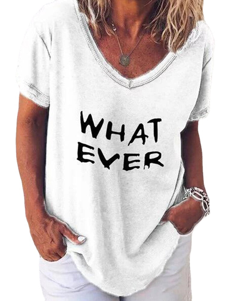 Women Letter Print V-Neck Short Sleeve Casual T-Shirts