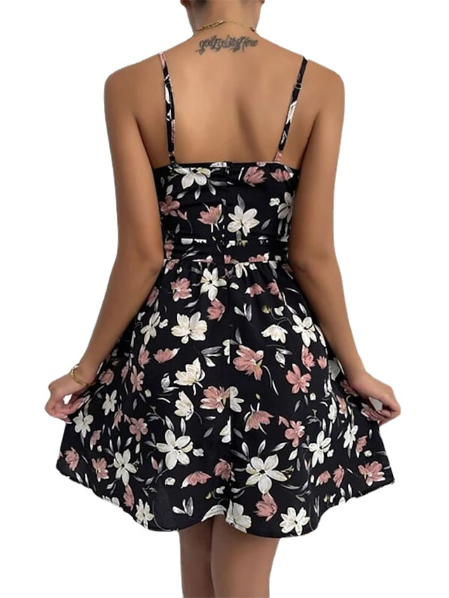 Stylish Women's Sleeveless Floral Ruched V Neck Casual Spaghetti Strap Dress