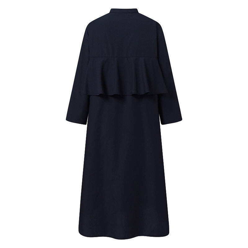 Women Long Sleeve Shirt Dress Solid Color Calf Length V-Neck Long Sleeve Midi Dresses