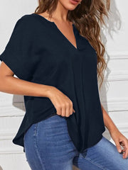 Solid V Neck Short Sleeve Loose Casual Blouse