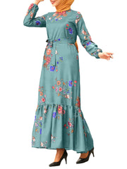 Women Floral Print Lace-Up Ruffle Hem Long Sleeve Retro Maxi Dresses