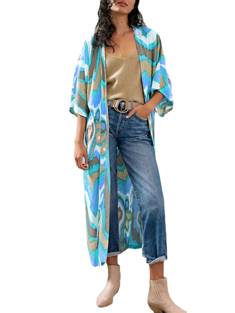 Printing Open Front 3/4 Sleeve Loose Cardigan For Women