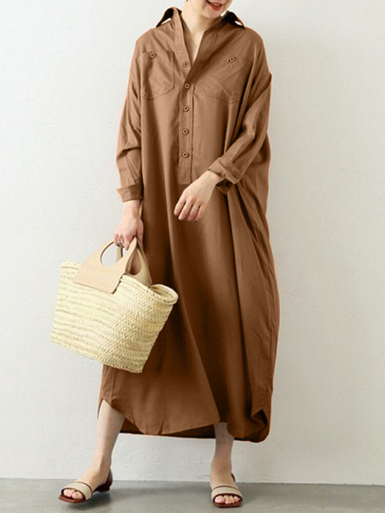 Women Long Sleeve Solid Front Pockets Ankle Length Lapel Collar Midi Dresses