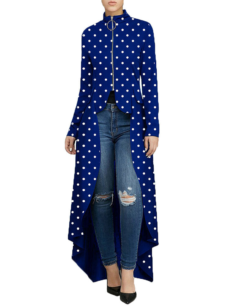 Polka Dot Zipper Long Sleeve High Low Hem Shirt Dress