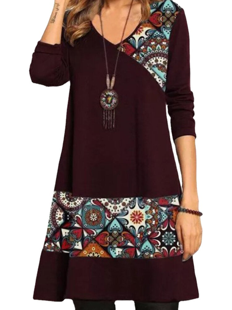 Women Vintage Print Patchwork V-Neck Casual Long Sleeve Mini Dresses