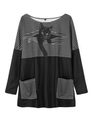 Women Stripe Cartoon Cat Print Double Pocket Long Sleeve Blouses