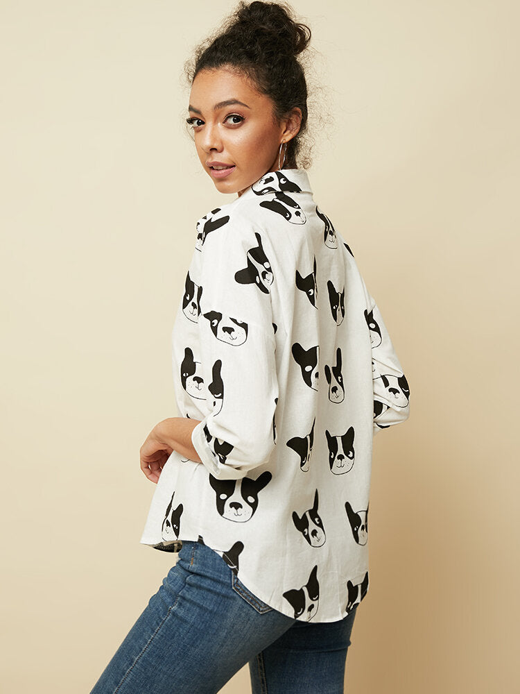 Cartoon Dog Animal Print Button Down Long Sleeve Irregular Hem Casual Blouse For Women