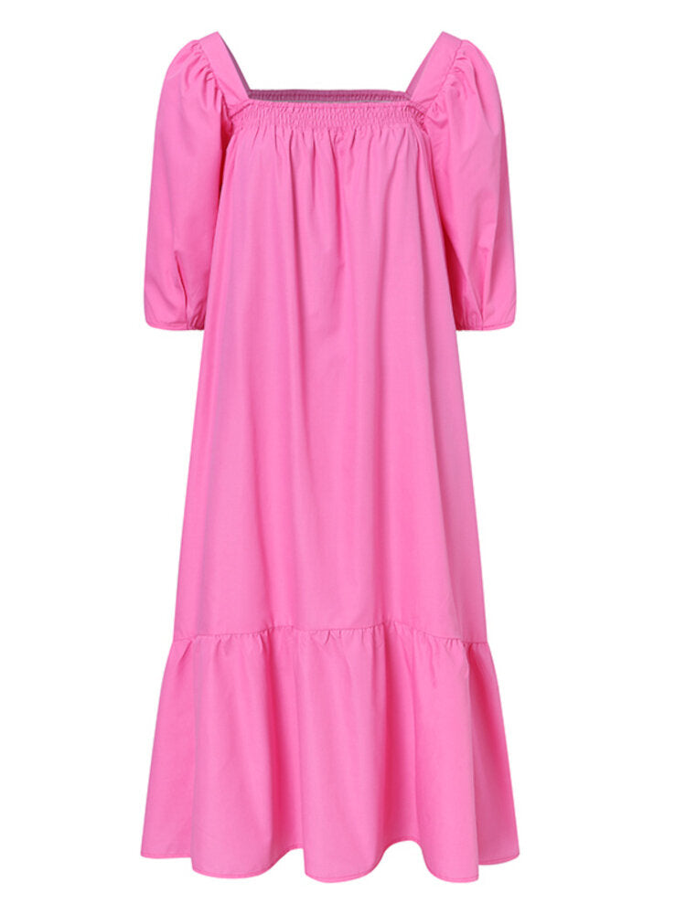 Square Neck Solid Color Puff Sleeve Ruffles Hem Casual Maxi Dress For Women