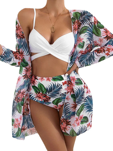 Tropical Plants Print High Waisted Bikinis Swimwear Three-piece Sets With Cover Up