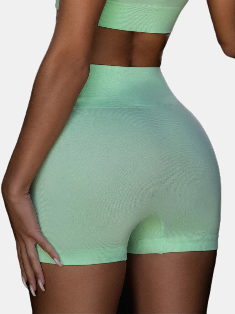 Sport Women Plain Elastic Seamless Yoga Gym High Waist Shorts