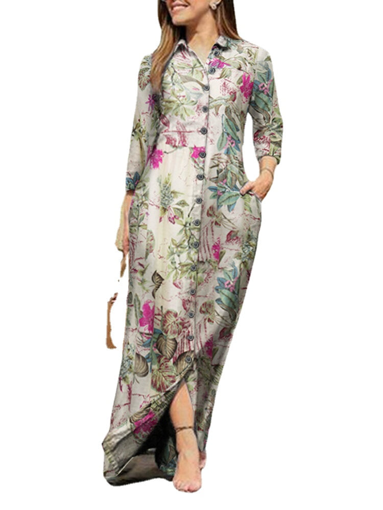 Floral Leaves Print Lapel Button Long Sleeve Daily Casual Maxi Dress