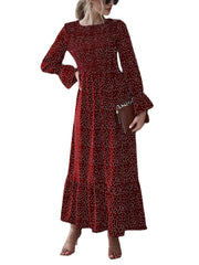 Women Polka Dot Print Pleated O-Neck Casual Long Sleeve Layered Maxi Dress