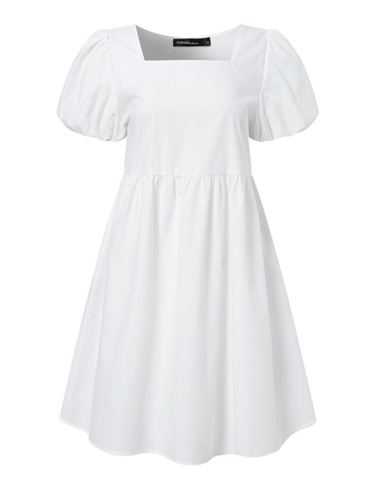 Puff Sleeve Square Collar Solid Short Princess Casual Dress For Women