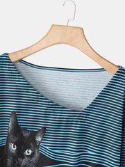 Women Cartoon Cat Striped V-Neck Casual Long Sleeve T-Shirt