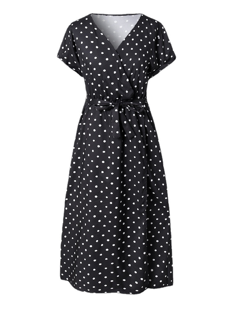 Women Cute Polka Dot V-Neck Wrap Casual Short Sleeve Belted Maxi Dresses