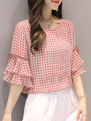 Plaid Knotted Patchwork Ruffle Sleeve Round Neck Blouse