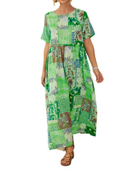 Vintage Ethnic Style Printed Short Sleeve Maxi Dress With Pocket