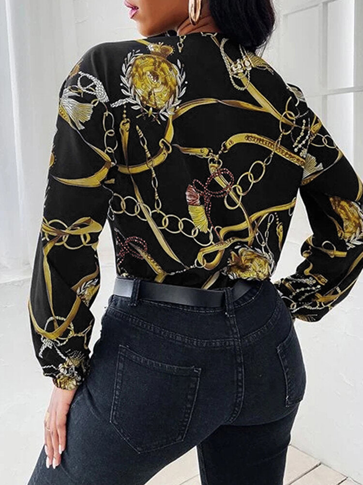 Chain Print Cowl Neck Puff Long Sleeve Women Blouse