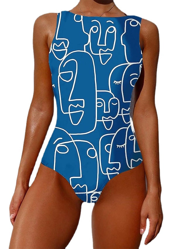 Women's Swimwear One Piece Normal Swimsuit Printing Graffiti Black White Blue Khaki Beige Bodysuit Bathing Suits Sports Beach Wear Summer