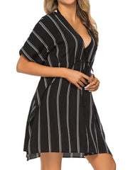 Plus Size Women Striped Front Tie Bat Sleeve Loose Sun Protection Cover Ups